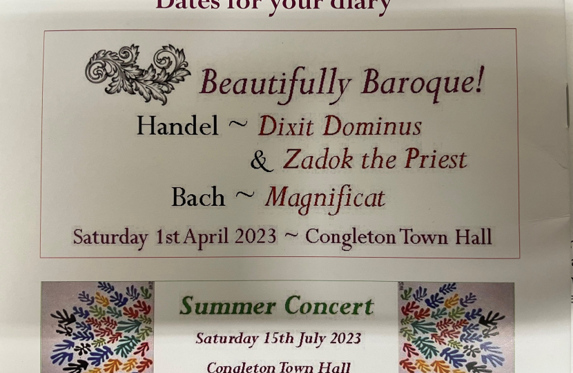 Graphic showing dates of Congleton Choral Society Concerts - 1st April - "Beautifully Baroque!" and 15th July - Summer Concert