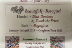 Graphic showing dates of Congleton Choral Society Concerts - 1st April - "Beautifully Baroque!" and 15th July - Summer Concert