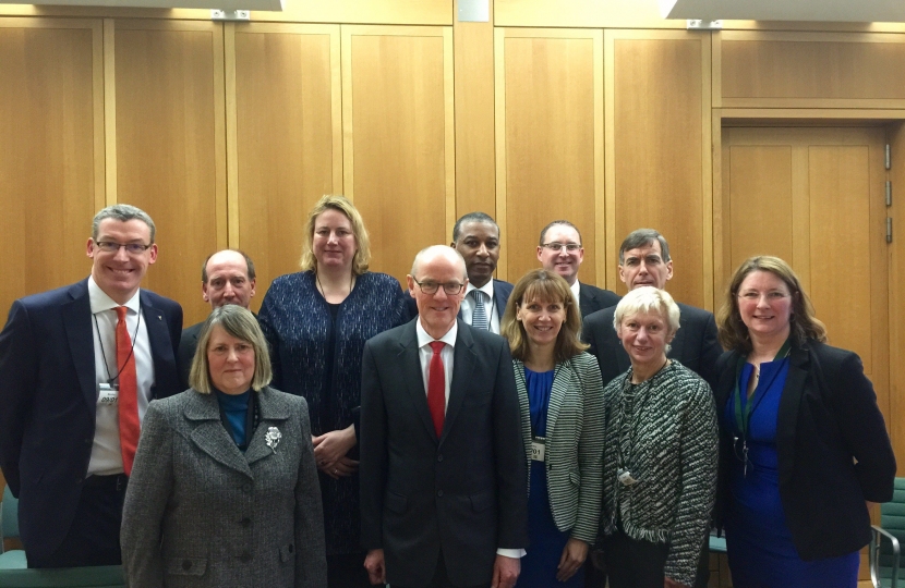 Fiona Bruce leading a delegation of local headteachers and other to discuss issues with funding plans for Cheshire schools, with the Government's Schools Minister Nick Gibb