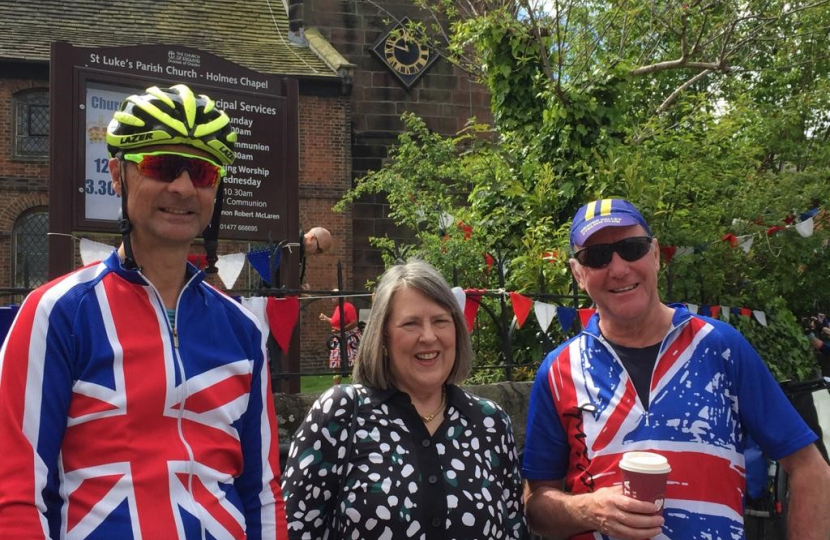 Fiona Bruce MP and two gentleman in union flag clothing