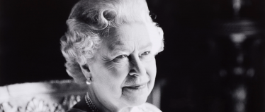 A black and white picture of Queen Elizabeth II